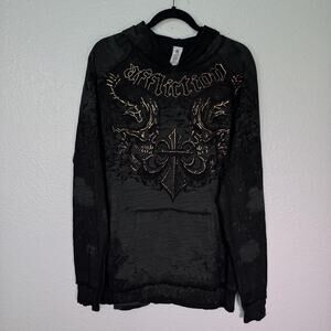 Affliction Hoodie Mens Large Reversible Shredded Dusk Skull Fleur De Lis Y2K NEW